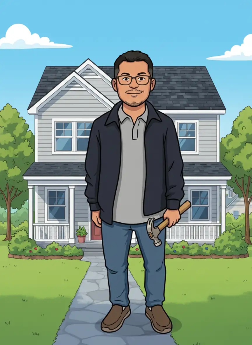 Your average homeowner standing in front of his test house, hammer in hand