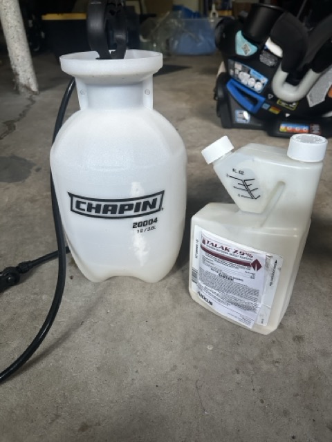 Talak bottle next to a Chapin pump sprayer